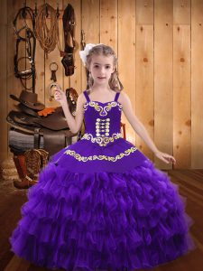 Eggplant Purple Sleeveless Beading and Embroidery and Ruffled Layers Floor Length Child Pageant Dress