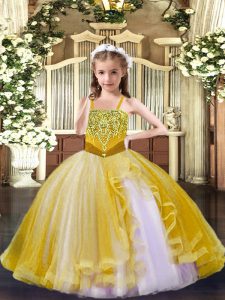 Exquisite Gold Ball Gowns Tulle Straps Sleeveless Beading Floor Length Lace Up Little Girls Pageant Dress