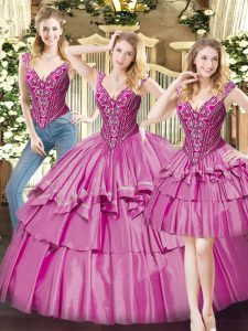 Dazzling Floor Length Fuchsia Sweet 16 Dress V-neck Sleeveless Lace Up