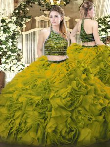 Fashionable Olive Green Zipper Sweet 16 Dress Beading and Ruffles Sleeveless Floor Length
