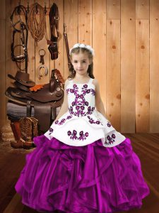 Adorable Embroidery and Ruffles Pageant Dress Womens Fuchsia Lace Up Sleeveless Floor Length