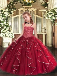 Red Ball Gowns Beading and Ruffles Winning Pageant Gowns Lace Up Tulle Sleeveless Floor Length