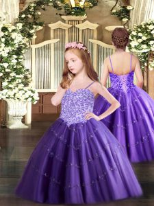 Appliques Evening Gowns Purple Lace Up Sleeveless Floor Length