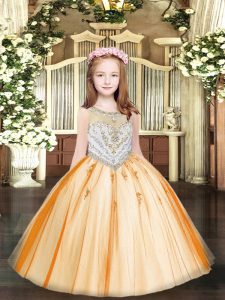 Luxurious Orange Sleeveless Beading and Appliques Floor Length Child Pageant Dress