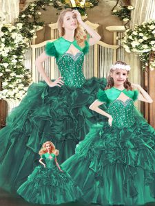 Comfortable Green Organza Lace Up Sweetheart Sleeveless Floor Length 15 Quinceanera Dress Beading and Ruffles