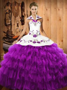 Charming Floor Length Eggplant Purple Quinceanera Gowns Halter Top Sleeveless Lace Up