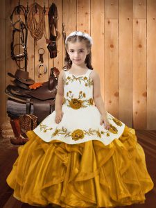 Gold Straps Neckline Embroidery and Ruffles Pageant Dress for Teens Sleeveless Zipper
