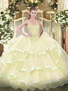 Vintage Beading and Ruffled Layers Quinceanera Gowns Light Yellow Zipper Sleeveless Floor Length