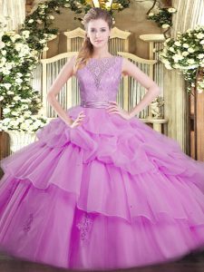 Organza Scoop Sleeveless Backless Lace and Ruffled Layers Quinceanera Gown in Lilac