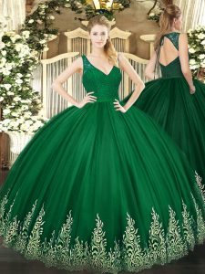 Tulle V-neck Sleeveless Zipper Beading and Appliques 15th Birthday Dress in Dark Green