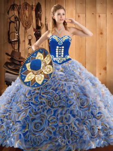 Sweet Multi-color Satin and Fabric With Rolling Flowers Lace Up Sweetheart Sleeveless With Train Quinceanera Gowns Sweep Train Embroidery