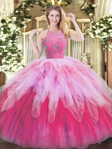 Ball Gowns Quinceanera Gown Multi-color Halter Top Tulle Sleeveless Floor Length Zipper