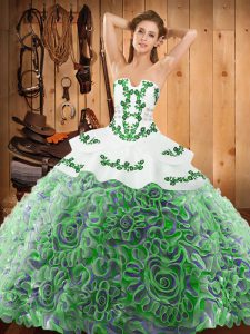 Satin and Fabric With Rolling Flowers Strapless Sleeveless Sweep Train Lace Up Embroidery Quince Ball Gowns in Multi-color