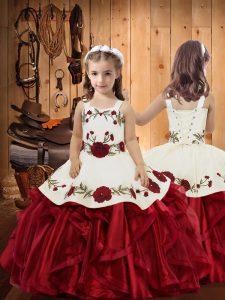 Wine Red Straps Lace Up Embroidery and Ruffles Little Girls Pageant Dress Sleeveless