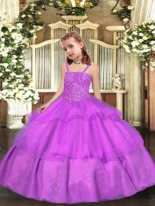 Gorgeous Lilac Organza Lace Up Straps Sleeveless Floor Length Little Girls Pageant Gowns Beading and Ruffled Layers