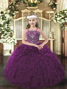 Fancy Dark Purple Pageant Gowns For Girls Party and Quinceanera with Beading and Ruffles Straps Sleeveless Lace Up