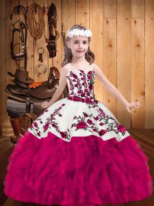 Fuchsia Organza Lace Up Pageant Dresses Sleeveless Floor Length Embroidery