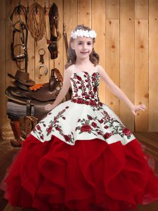 Dazzling Red Organza Lace Up Straps Sleeveless Floor Length Pageant Gowns For Girls Embroidery and Ruffles