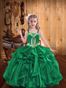 Straps Sleeveless Organza Pageant Dresses Beading and Embroidery and Ruffles Lace Up