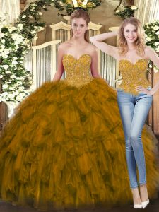 Olive Green Ball Gowns Tulle Sweetheart Sleeveless Beading and Ruffles Floor Length Lace Up Ball Gown Prom Dress