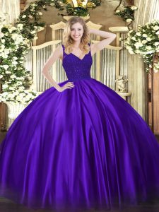 Purple Taffeta Zipper V-neck Sleeveless Floor Length Vestidos de Quinceanera Beading