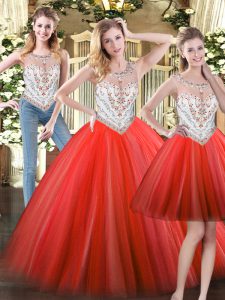 Hot Sale Coral Red Zipper Quinceanera Dresses Beading Sleeveless Floor Length