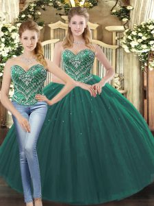 Sweetheart Sleeveless Quinceanera Dress Floor Length Beading Dark Green Tulle