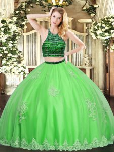 Fine Floor Length Zipper Sweet 16 Dresses Green for Military Ball and Sweet 16 and Quinceanera with Beading and Appliques