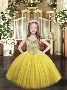 Superior Sleeveless Floor Length Beading Lace Up Glitz Pageant Dress with Gold