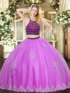 Hot Selling Sleeveless Floor Length Beading and Appliques Zipper Quinceanera Gowns with Lilac