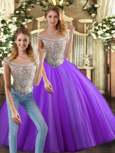 Glamorous Eggplant Purple Sleeveless Tulle Lace Up Quinceanera Dress for Military Ball and Sweet 16 and Quinceanera