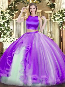 Sleeveless Floor Length Ruffles Criss Cross Quinceanera Dress with Purple