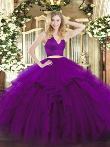 Purple Two Pieces Ruffles Vestidos de Quinceanera Zipper Organza Sleeveless Floor Length
