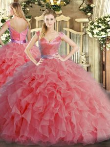 Watermelon Red Ball Gowns Organza V-neck Sleeveless Ruffles Floor Length Zipper Quinceanera Dresses