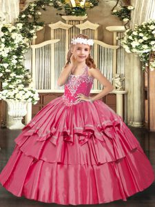 Hot Pink Ball Gowns Beading and Ruffled Layers Little Girls Pageant Dress Wholesale Lace Up Organza Sleeveless Floor Length