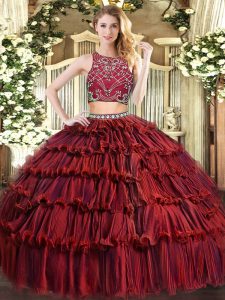 Modern Floor Length Burgundy 15th Birthday Dress Tulle Sleeveless Beading and Ruffled Layers