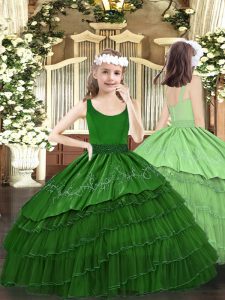 Enchanting Beading and Embroidery and Ruffled Layers Pageant Dress for Teens Dark Green Zipper Sleeveless Floor Length