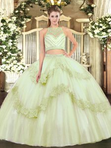 Pretty Yellow Green Sleeveless Floor Length Beading and Appliques Zipper Quinceanera Dresses