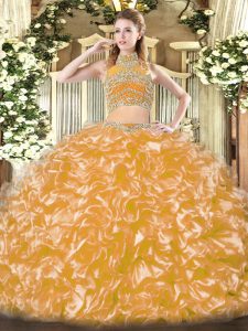 Chic Gold Tulle Backless High-neck Sleeveless Floor Length Quinceanera Dresses Beading and Ruffles