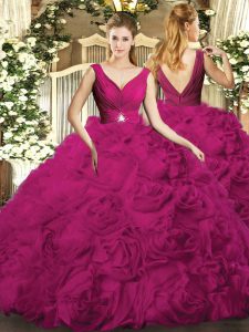 Fashion Fuchsia Backless Ball Gown Prom Dress Beading Sleeveless Floor Length