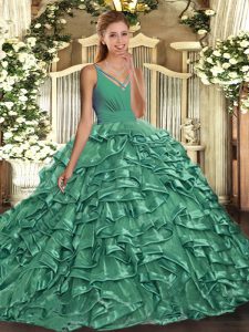 Turquoise Backless V-neck Ruffles Quinceanera Dresses Organza Sleeveless Sweep Train