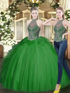 Floor Length Dark Green Quinceanera Dresses High-neck Sleeveless Lace Up