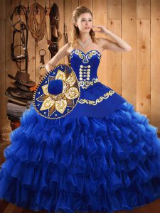 Blue Sleeveless Floor Length Embroidery and Ruffled Layers Lace Up Vestidos de Quinceanera