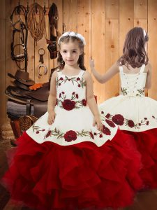 Best Sleeveless Satin and Tulle Floor Length Lace Up Pageant Dress for Teens in Wine Red with Embroidery and Ruffles