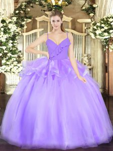 Lavender Ball Gowns Organza Spaghetti Straps Sleeveless Ruffles Floor Length Zipper Quinceanera Dresses