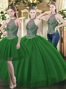 Dark Green Sweet 16 Quinceanera Dress Military Ball and Sweet 16 and Quinceanera with Beading High-neck Sleeveless Lace Up
