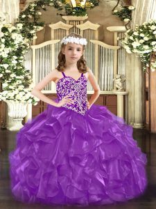 Adorable Purple Kids Formal Wear Party and Quinceanera with Beading Straps Sleeveless Lace Up