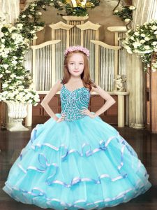 Straps Sleeveless Lace Up Kids Formal Wear Aqua Blue Organza