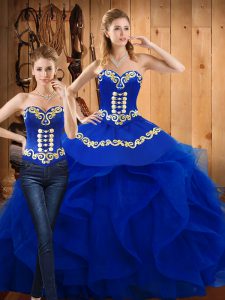 Satin and Organza Sleeveless Floor Length Quince Ball Gowns and Embroidery and Ruffles