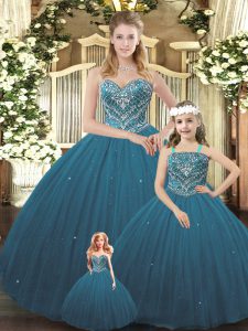 Teal Ball Gowns Tulle Sweetheart Sleeveless Beading Floor Length Lace Up Sweet 16 Quinceanera Dress